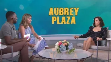 Alessandra Rich Ruched Floral-Print Silk-Jacquard Mini Dress worn by Aubrey Plaza as seen in Today with Hoda & Jenna on August 11,2022