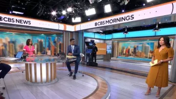 Karen Millen Soft Tailored Pleat Panelled Wrap Dress worn by Nancy Chen as seen in CBS Mornings on August 08,2022