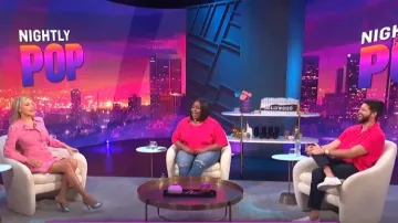 Christian Louboutin Me Dolly 100 Metallic Leather Mules worn by Morgan Stewart as seen in E! News Nightly Pop on August 11,2022