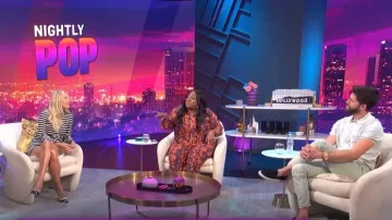 Valentino VGOLD Striped wool-blend Playsuit worn by Morgan Stewart as seen in E! News Nightly Pop August 12,2022