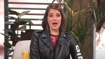 Off White Printed Biker Leather Jacket worn by Daryn Carp as seen in E! News Daily Pop on  August 18, 2022