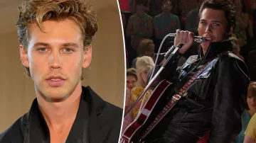 Chaqueta camionera negra masculina de Elvis (Austin Butler) en Elvis