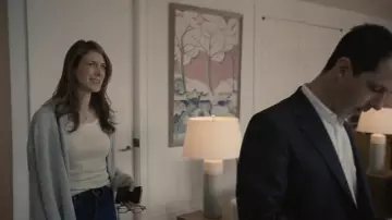 Grey Cashmere Cardigan worn by Rava Roy (Natalie Gold) in Succession TV show outfits (Season 3 Episode 1)