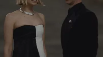 Marna Moscone Black and White Patchwork Bustier Top worn by Naomi Pierce (Annabelle Dexter-Jones) in Succession Wardrobe (Season 3 Episode 3)