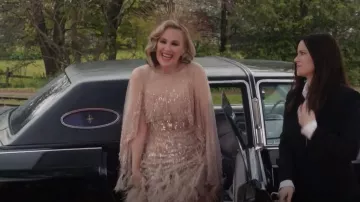 Pamella Roland Double Cape Tulle Gown With Sequin And Ostrich worn by Moira Rose (Catherine O'Hara) as seen in Schitt's Creek (S06E05)
