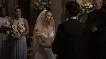 David's Bridal Off the Shoulder Satin Ball Gown Wedding Dress worn by (Madison Iseman) as seen in American Horror Stories (S02E07)