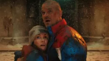 Puffer Red White and Blue Jacket worn by Joyce Byers (Winona Ryder) in Stranger Things TV series (Season 4 Episode 4)