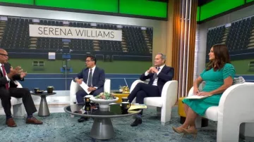 Maggy London Short Ruched Sleeve Pleated Skirt Dress usado por Nikki Battiste como se ve en CBS Mornings el 5 de septiembre de 2022