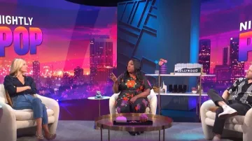 Aquazzura Babe Satin Slingback Sandals worn by Morgan Stewart as seen in E! News  Nightly Pop on September  08,2022