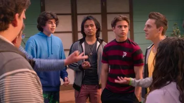 Champion Blue gradient hoodie worn by Anthony LaRusso (Griffin Santopietro) in Cobra Kai TV series outfits (S05E07)