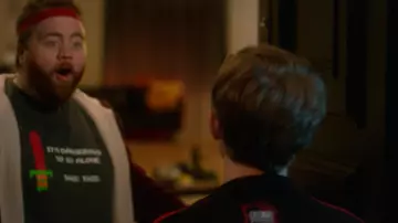 Black Zelda graphic t-shirt worn by Stingray / Raymond (Paul Walter Hauser) in Cobra Kai TV series (Season 5 Episode 9)