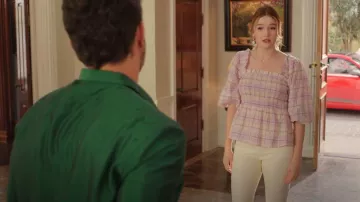 Ganni Smocked Seersucker Plaid Top worn by Kirby Anders (Maddison Brown) as seen in Dynasty (S04E17)