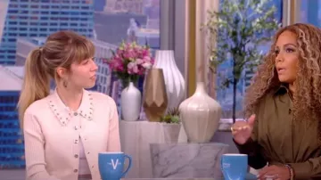 Sandro Aura Ribbed-Sleeve Cropped Cardigan worn by Jennette McCurdy as seen in The View on  September 12,2022