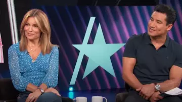 Aqua Printed Smocked Top worn by Kit Hoover as seen in Access Hollywood on  September 12,2022