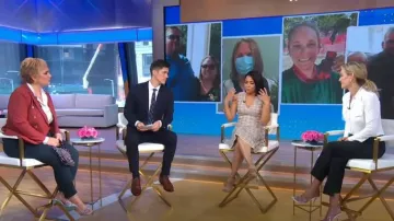 Pantalon monse bicolore à rayures recadrées porté par Jennifer Ashton vu dans Good Morning America le 13 septembre 2022