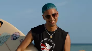 Peace corps of The United States volunteer service T-shirt worn by Russ (Rish Shah) as seen in Do Revenge