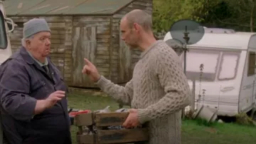 Irelands Eye Knitwear Carraig Luxe Aran Sweater Rocky Ground worn by Al Large (Joe Absolom) as seen in Doc Martin (S10E02)
