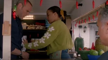 Levis Audrey Cozy Cardigan worn by Shopkeeper (Sarah Buckland) as seen in Doc Martin (S10E02)