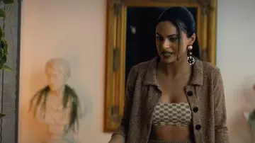 Brown Checkerboard Bandeau Top worn by Drea (Camila Mendes) in Do Revenge movie outfits