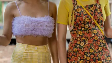 Purple Tulle Ruffle Crop Bra Top worn by Drea (Camila Mendes) in Do Revenge