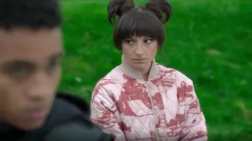 Collusion Quilt­ed Bomber Jack­et With Pho­to­graph­ic Print worn by Musa (Elisha Applebaum) as seen in Fate: The Winx Saga (S02E04)