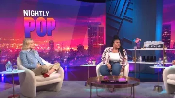 Celine “Chas­seur" Jack­et In Plain Tweed worn by Morgan Stewart as seen in E! News Nightly Pop on September 21,2022