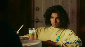 Obey Yellow crewneck worn by Bear Smallhill (D'Pharaoh Woon-A-Tai) as seen in Reservation Dogs TV series wardrobe (S02E09)