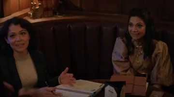 Ganni Gold Metallic Jacquard Brocade Puff Sleeve Blouse worn by Nikki Ramos (Ginger Gonzaga) as seen in She-Hulk: Attorney at Law (S01E04)