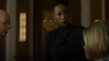 Giorgio Armani Pinstripe Jersey Jacket worn by Carmen Moyo (Charmaine Bingwa) as seen in The Good Fight (S06E03)