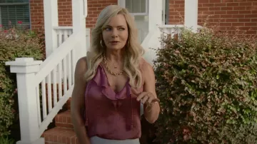 Paige Alma Split Neck Ruffle Top worn by Barb Flatch (Jaime Pressly) as seen in Welcome to Flatch (S02E01)