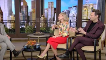 Libertine Tequila Sunrise Tie Collar Blouse worn by Kelly Ripa as seen in LIVE with Kelly and Ryan on October 7, 2022