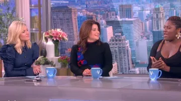 Carolina Herrera Denim Shirred Puff-Sleeve Blouse worn by Sara Haines as seen in The View on October 7, 2022
