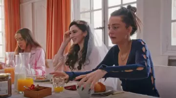 House of Cb Navy Ribbed Knit Cardi­gan worn by Victoria Zito as seen in Real Girlfriends in Paris (S0107)