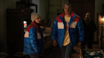 Blue red and white puff jacket worn by Joyce Byers (Winona Ry­der) in Stranger Things TV show (Season 4 Episode 9)