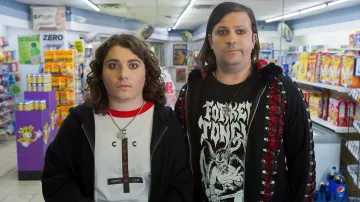 Crimson Crypto Club T-shirt worn by Blockchain Coltrane (Austin Zajur) in Clerks III