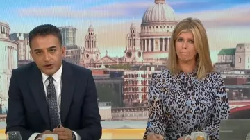 Marks & Spencer Animal Print V-Neck Midi Waisted Dress worn by Kate Garraway as seen in Good Morning Britain on October 20, 2022