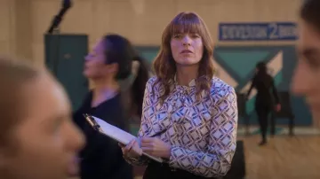 Sandro Tie Neck Geo Print Silk Shirt worn by Maggie Goodwyn (Kathleen Rose Perkins) as seen in Big Shot (S01E09)