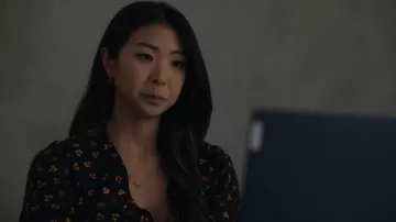 Madewell Silk Daylight Tie-Sleeve Top In Feline Floral worn by Jieun Park (Ami Park) as seen in Alaska Daily (S01E03)