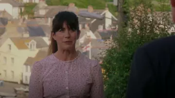 LK Bennett Montana Pink Daisy Print Silk Tea Dress worn by Louisa Glasson (Caroline Catz) as seen in Doc Martin (S10E07)
