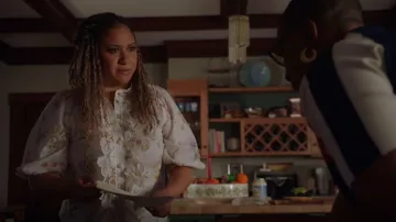 Zimmermann Jeannie Floral Button Front Scalloped Puffed Sleeve Blouse worn by Karen Wilson (Tracie Thoms) as seen in 9-1-1 (S06E06)