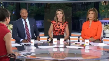 Ganni Floral Print Ruched Stretch Silk Satin Sleeveless Top worn by Savannah Guthrie as seen in Today on October 25, 2022