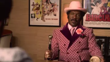 Pink Printed suit jacket with velvet collar worn by Rudy (Eddie Murphy) in Dolemite Is My Name wardrobe