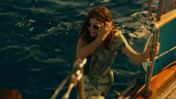 Valentino Blue Printed Silk Top worn by Rachel Patton (Alexandra Daddario) as seen in The White Lotus (S01E03)