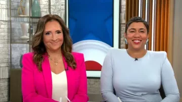 Giorgio Armani Draped Front-Slit Jersey Knit Dress worn by Ashley Etienne as seen in CBS Mornings on November 4, 2022