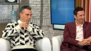 Saint Laurent Monochrome Chevron Jacquard Sweater worn by Sebastian Maniscalco as seen in CBS Mornings on November 4, 2022