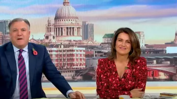 Oliver Bonas Floral Animal Print V-Neck Red Mini Dress worn by Susanna Reid as seen in Good Morning Britain on November 7, 2022
