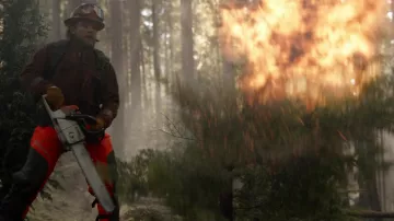 Motosierra Stihl utilizada por Bode Donovan (Max Thieriot) como se ve en la serie de televisión Fire Country (S01E05)