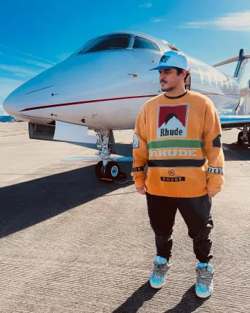 Rhude Ayrton Logo-Jacquard Wool and Cashmere-Blend Sweater worn by Vintage Culture at Van Nuys, California on October 30, 2022