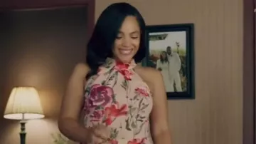 Eliza J Halter Neck Floral Print Chiffon Sleeveless Side Slit Cascade Ruffle Maxi Dress worn by Darla (Bianca Lawson) as seen in Queen Sugar (S07E10)