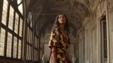 Rohe Yellow printed dress worn by Amy Wheeler (Zoe Saldana) as seen in From Scratch TV series (Season 1)